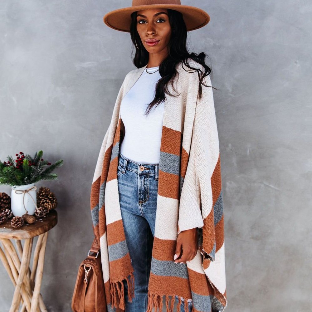 New Western Stripe Fringe Poncho Blanket Cardigan Sweater - Picture 2 of 7